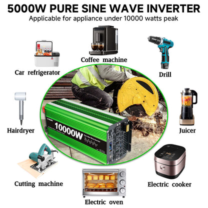 LVYUAN 5000W 10000W Peak Pure Sine Wave Power Inverter 12V DC to 110V AC Converter, 60Hz/50Hz, 4 AC Outlets + USB, LCD Display, Remote Control for Car, RV, Camping & Home Backup Green