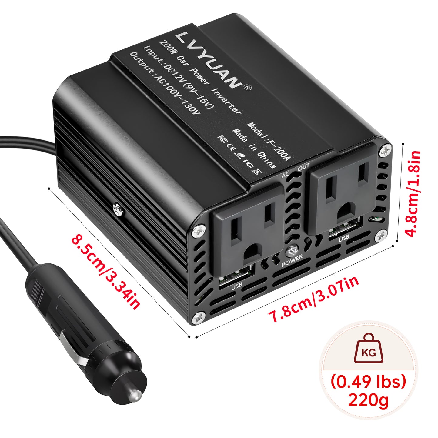 LVYUAN 200W Modified Sine Wave Power Inverter 12V DC to 110V AC Vehicles Converter 2 AC Outlets + 2USB Charger Car Plug Adapter for Laptop, Computer, Car, RV, Camping & Home Black