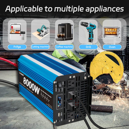 LVYUAN 4000W 8000W Peak Pure Sine Wave Power Inverter 24V DC to 110V AC Converter, 60Hz/50Hz, 4 AC Outlets + USB, LCD Display, Remote Control for Car, RV, Camping & Home Backup Blue