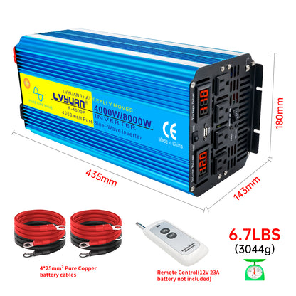 LVYUAN 4000W 8000W Peak Pure Sine Wave Power Inverter 12V DC to 110V AC Converter, 60Hz/50Hz, 4 AC Outlets + USB, LED Display, Remote Control for Car, RV, Camping & Home Backup