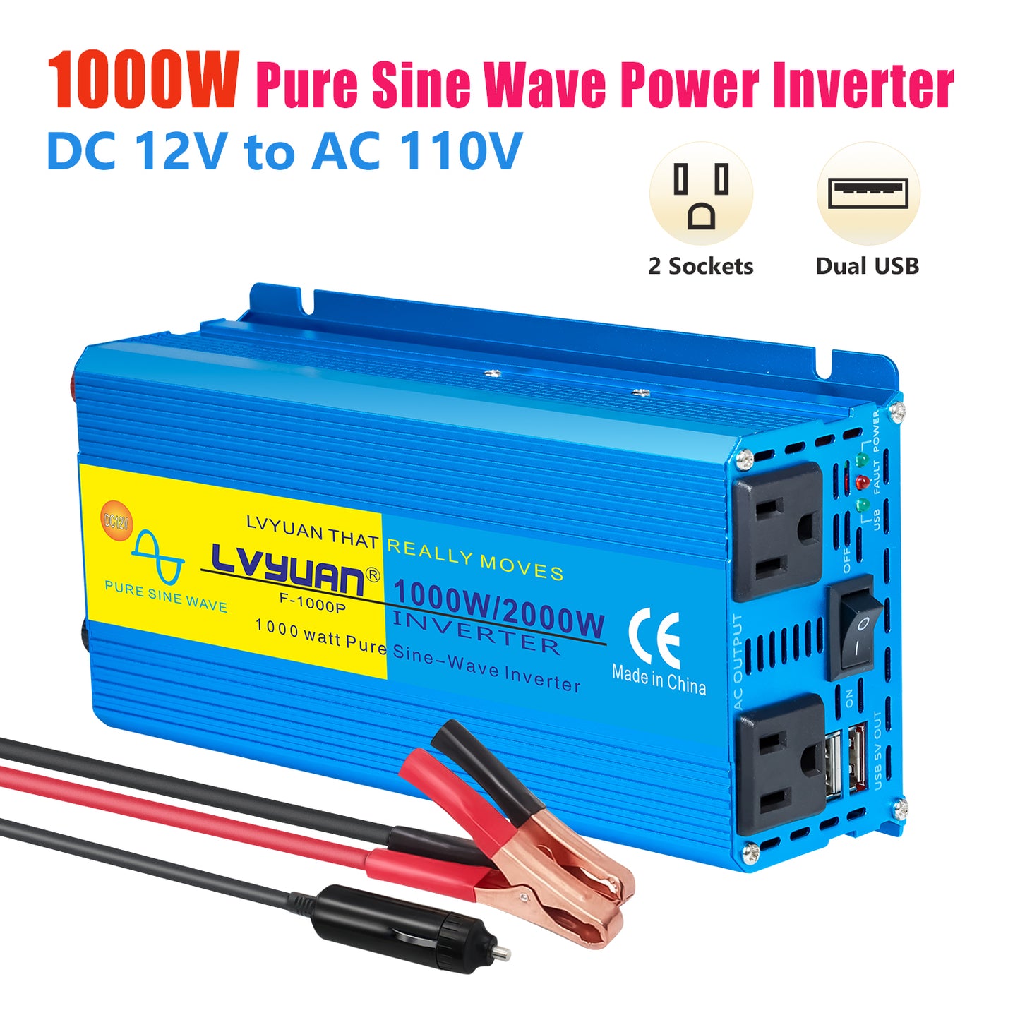 LVYUAN 1000W 2000W Peak Power Inverter DC 12V to AC 110V Pure Sine Wave Car Battery Inverter 2 AC Outlets & 2 USB Charger Adapter for Car, RV, Truck, Camping, Home Backup, Emergency Power