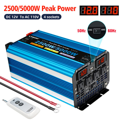LVYUAN 2500W 5000W Peak Pure Sine Wave Power Inverter 12V DC to 110V AC Converter, 60Hz/50Hz, 4 AC Outlets + USB, LED Display, Remote Control for Car, RV, Camping & Home Backup