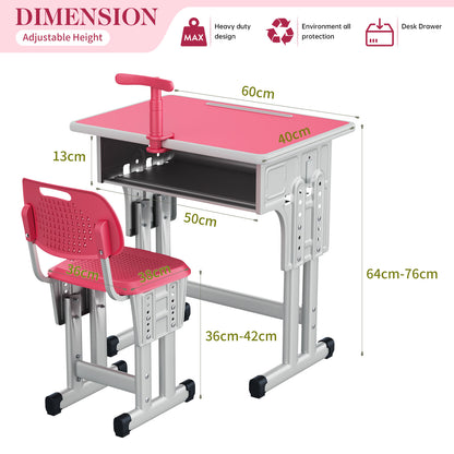 Kids Study Desk and Chair Set, LVYUAN Height Adjustable Children School Study Drawing Desk, Ergonomic Kids Table Desk and Chair Set with Storage Drawer, Hook, Bracket, Pen Slot for Ages 3-18 Pink