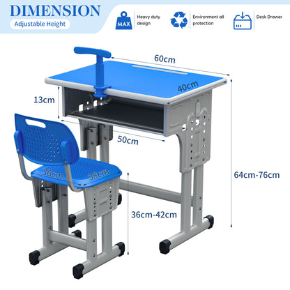 Kids Study Desk and Chair Set, LVYUAN Height Adjustable Children School Study Drawing Desk, Ergonomic Kids Table Desk and Chair Set with Storage Drawer, Hook, Bracket, Pen Slot for Ages 3-18 Blue