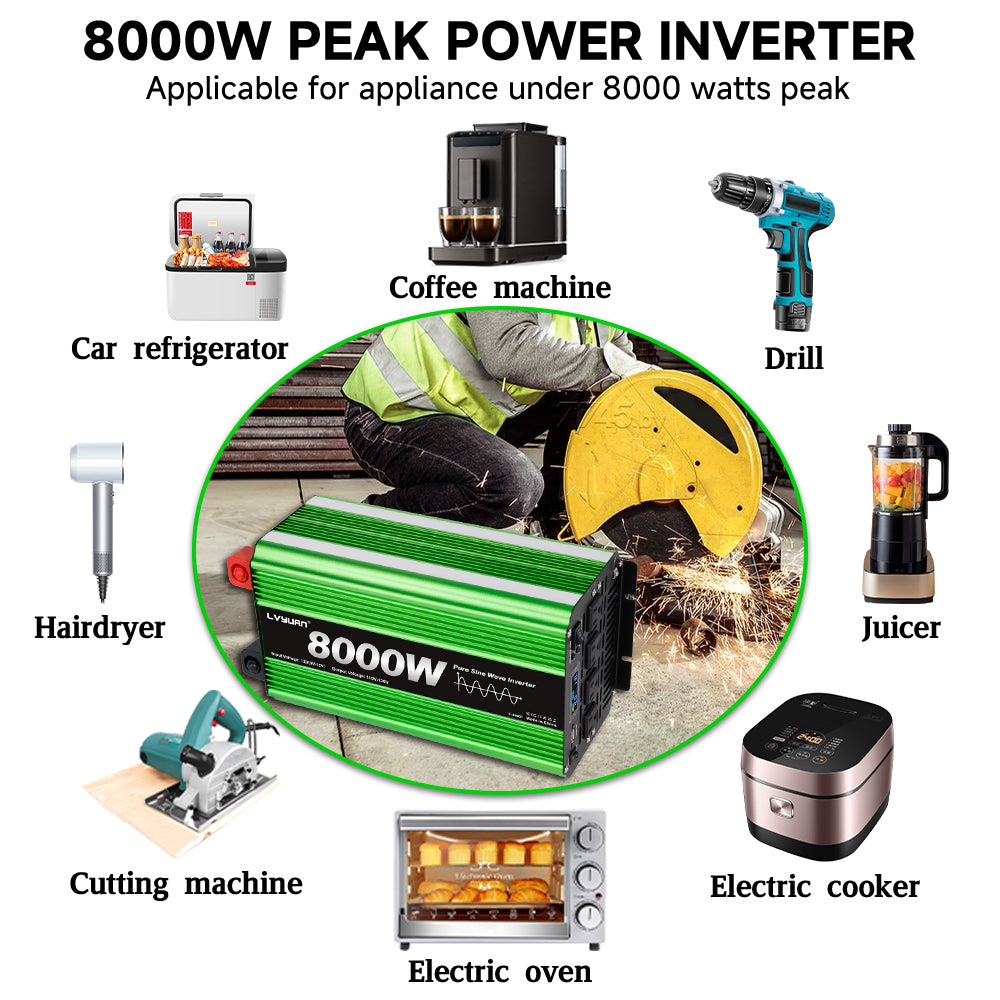 LVYUAN 4000W 8000W Peak Pure Sine Wave Power Inverter 24V DC to 110V AC Converter, 60Hz/50Hz, 4 AC Outlets + USB, LCD Display, Remote Control for Car, RV, Camping & Home Backup Green