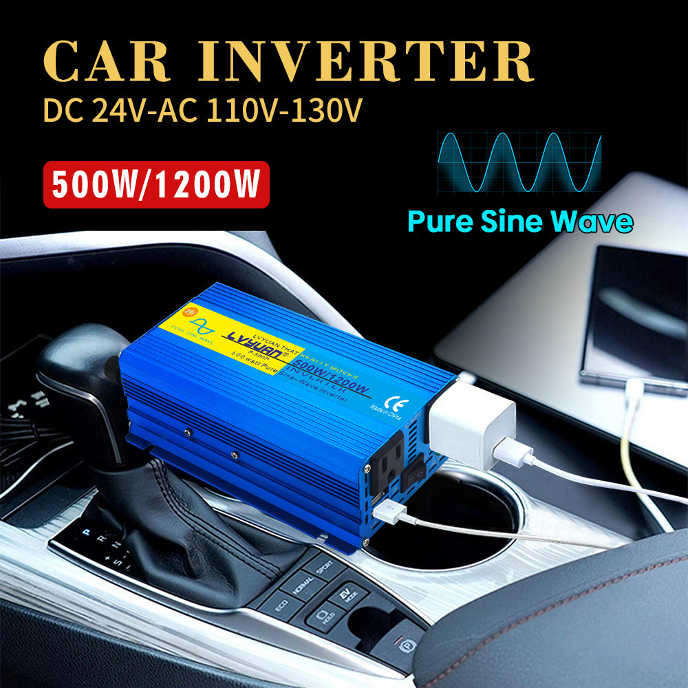 LVYUAN 500 Watts 1200 Watts  Pure Sine Wave Car Power Inverter 24V DC to 110V/120V AC Car Battery Converter Charger Adapter 2USB 2AC for Laptops, RVs, Trucks