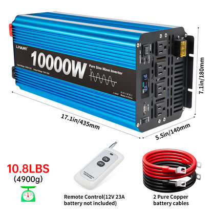 LVYUAN 5000W 10000W Peak Pure Sine Wave Power Inverter 12V DC to 110V AC Converter, 60Hz/50Hz, 4 AC Outlets + USB, LCD Display, Remote Control for Car, RV, Camping & Home Backup Blue