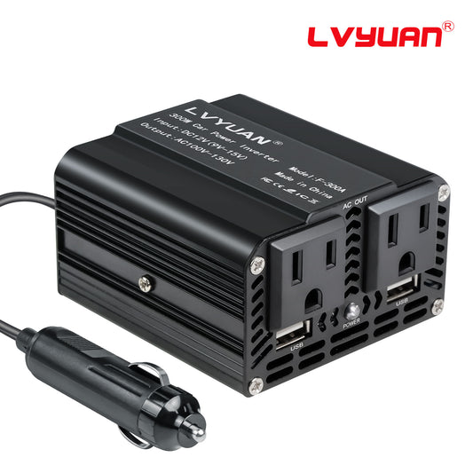LVYUAN 300W Modified Sine Wave Power Inverter 12V DC to 110V AC Vehicles Converter 2 AC Outlets + 2USB Charger Car Plug Adapter for Laptop, Computer, Car, RV, Camping & Home Black