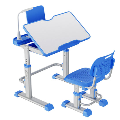 LVYUAN Kids Study Desk and Chair Set Height Adjustable Children School Study Drawing Desk Chair with LED Lamp, Tilt Desktop, Storage Drawer, Book Stand Blue