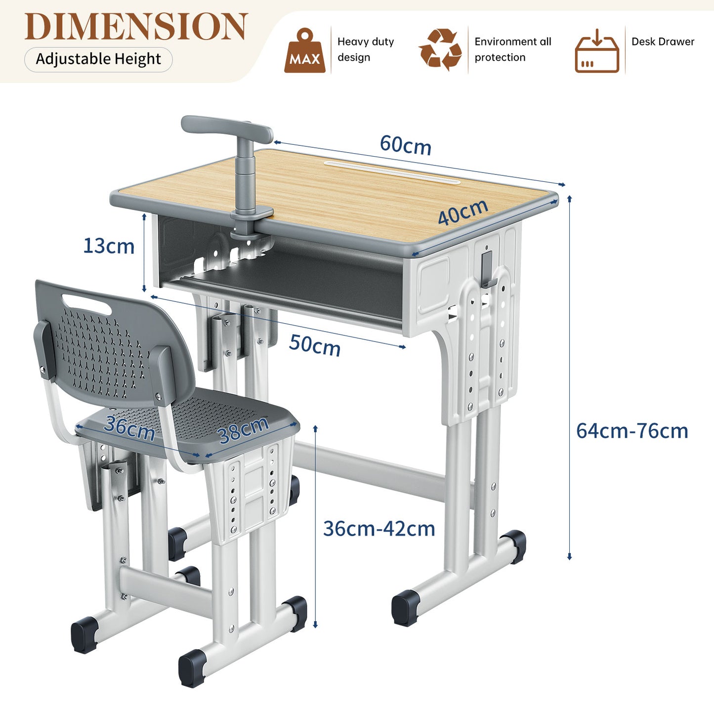 Kids Study Desk and Chair Set, LVYUAN Height Adjustable Children School Study Drawing Desk, Ergonomic Kids Table Desk and Chair Set with Storage Drawer, Hook, Bracket, Pen Slot for Ages 3-18 Gray