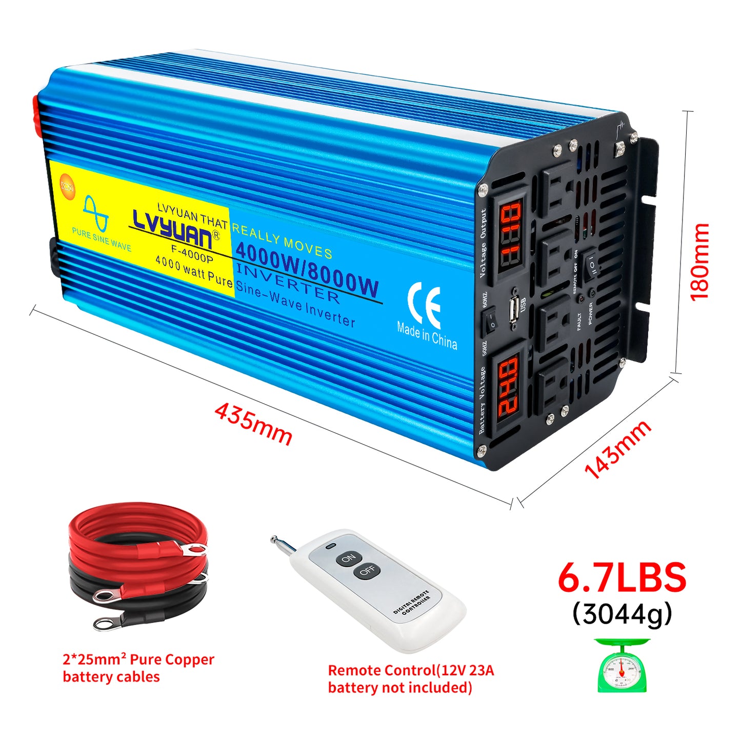 LVYUAN 4000W 8000W Peak Pure Sine Wave Power Inverter 24V DC to 110V AC Converter, 60Hz/50Hz, 4 AC Outlets + USB, LED Display, Remote Control for Car, RV, Camping & Home Backup