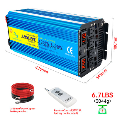 LVYUAN 4000W 8000W Peak Pure Sine Wave Power Inverter 24V DC to 110V AC Converter, 60Hz/50Hz, 4 AC Outlets + USB, LED Display, Remote Control for Car, RV, Camping & Home Backup