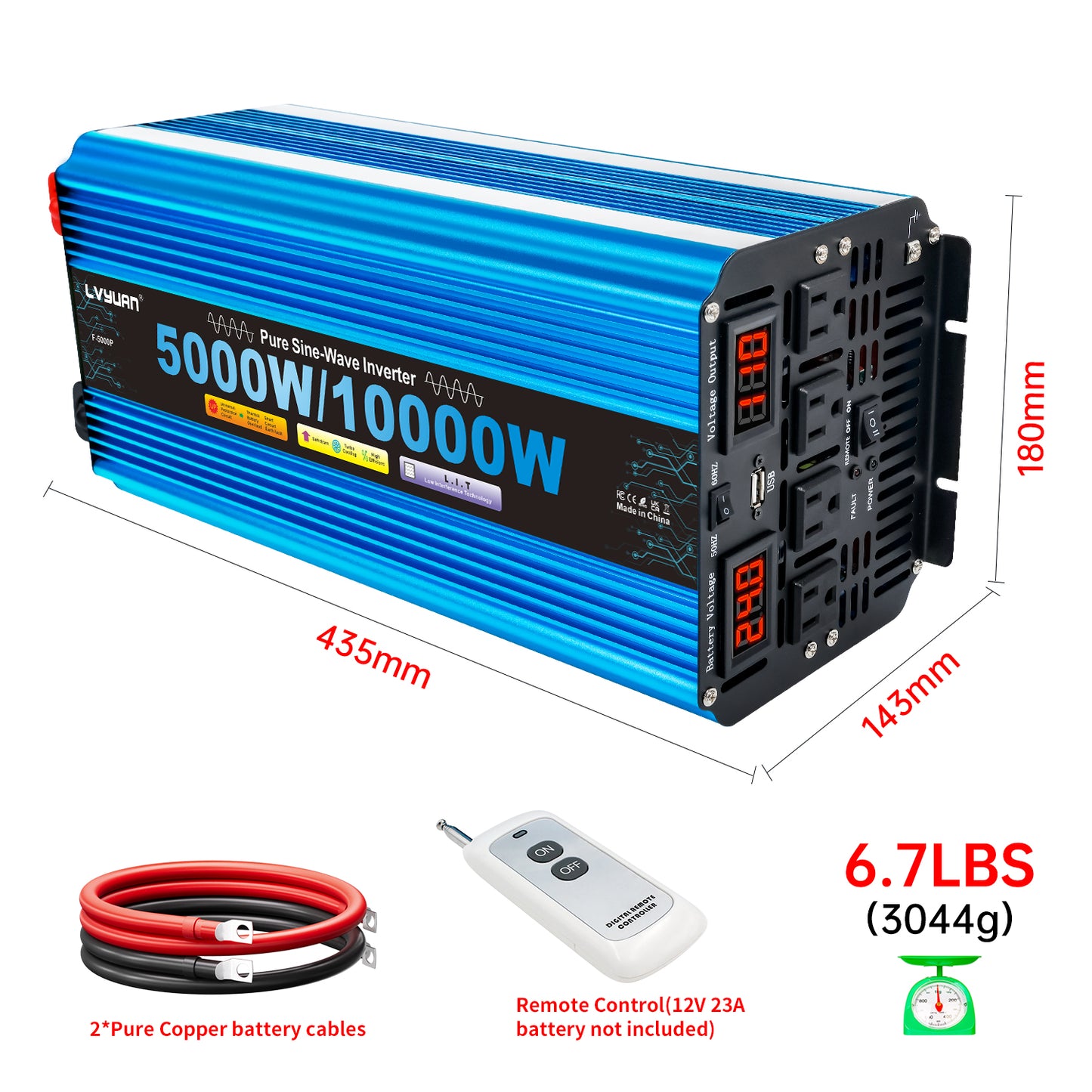 LVYUAN 5000W 10000W Peak Pure Sine Wave Power Inverter 24V DC to 110V AC Converter, 60Hz/50Hz, 4 AC Outlets + USB, LED Display, Remote Control for Car, RV, Camping & Home Backup