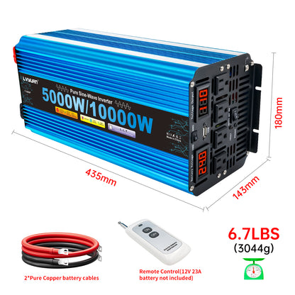 LVYUAN 5000W 10000W Peak Pure Sine Wave Power Inverter 24V DC to 110V AC Converter, 60Hz/50Hz, 4 AC Outlets + USB, LED Display, Remote Control for Car, RV, Camping & Home Backup