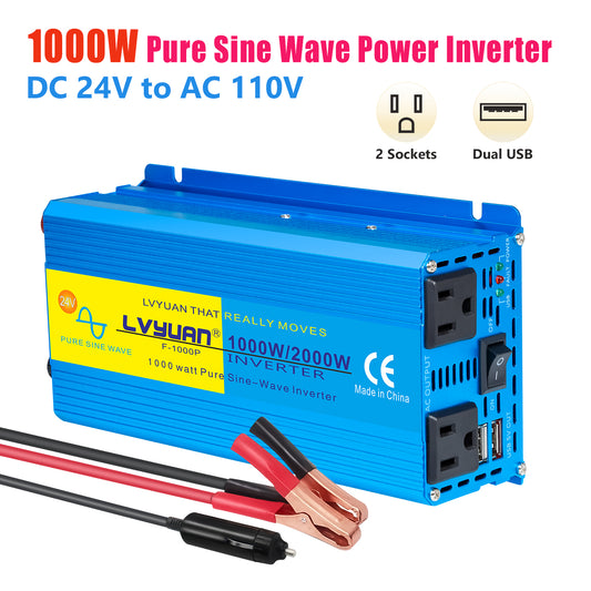 LVYUAN 1000W 2000W Peak Power Inverter DC 24V to AC 110V Pure Sine Wave Car Battery Inverter 2 AC Outlets & 2 USB Charger Adapter for Car, RV, Truck, Camping, Home Backup, Emergency Power