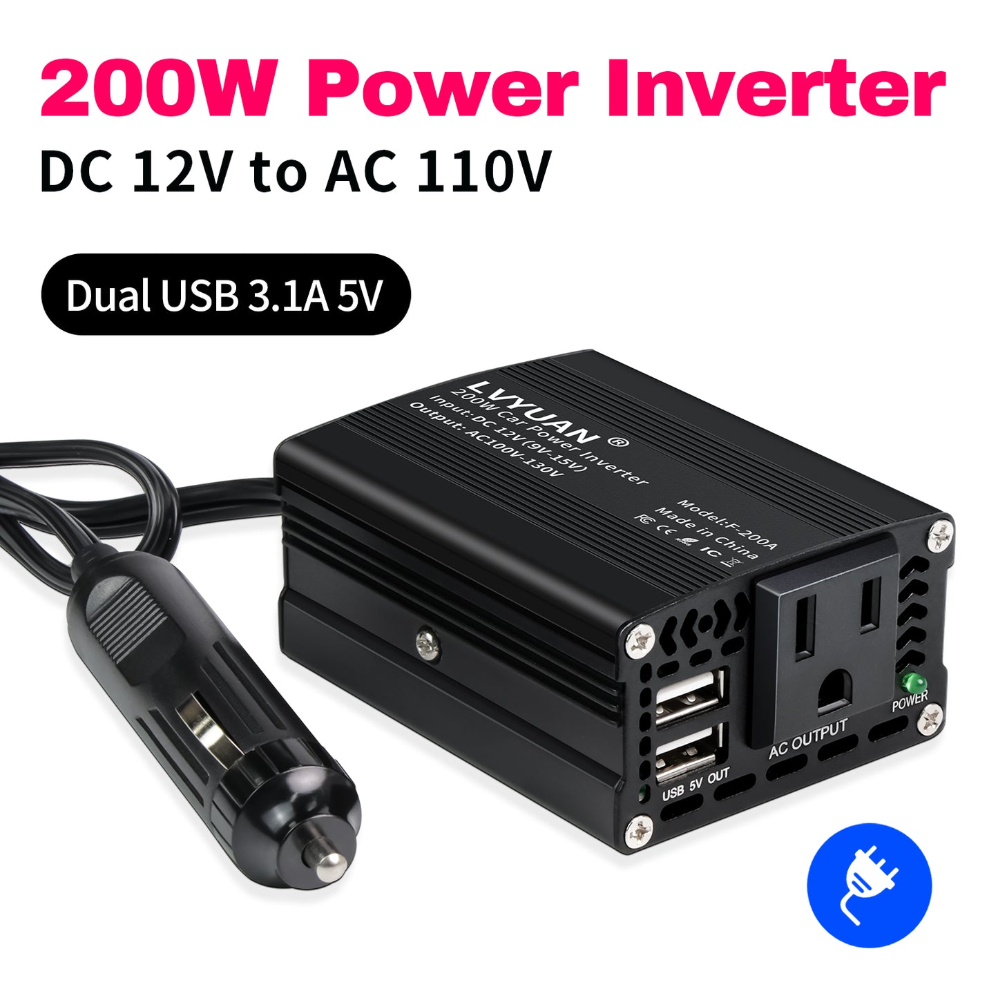 LVYUAN 200Watts Power Inverter Converter Adapter 12V DC to 110V AC Car Charger with 2 USB Ports for Cars, Camping, and Travel