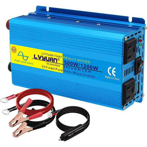 LVYUAN 500 Watts 1200 Watts Pure Sine Wave Power Inverter DC 12V to AC 110V 120V Car Battery Converter Charger Adapter 2USB 2AC for Laptops, RVs, Trucks