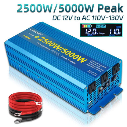 LVYUAN 2500W 5000W Peak Power Inverter DC 12V to AC 110V Pure Sine Wave Car Battery Inverter 3 AC Outlets & 2 USB Charger Adapter LCD Display for Car, RV, Truck, Camping, Home Backup, Emergency Power