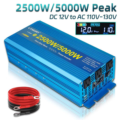 LVYUAN 2500W 5000W Peak Power Inverter DC 12V to AC 110V Pure Sine Wave Car Battery Inverter 3 AC Outlets & 2 USB Charger Adapter LCD Display for Car, RV, Truck, Camping, Home Backup, Emergency Power