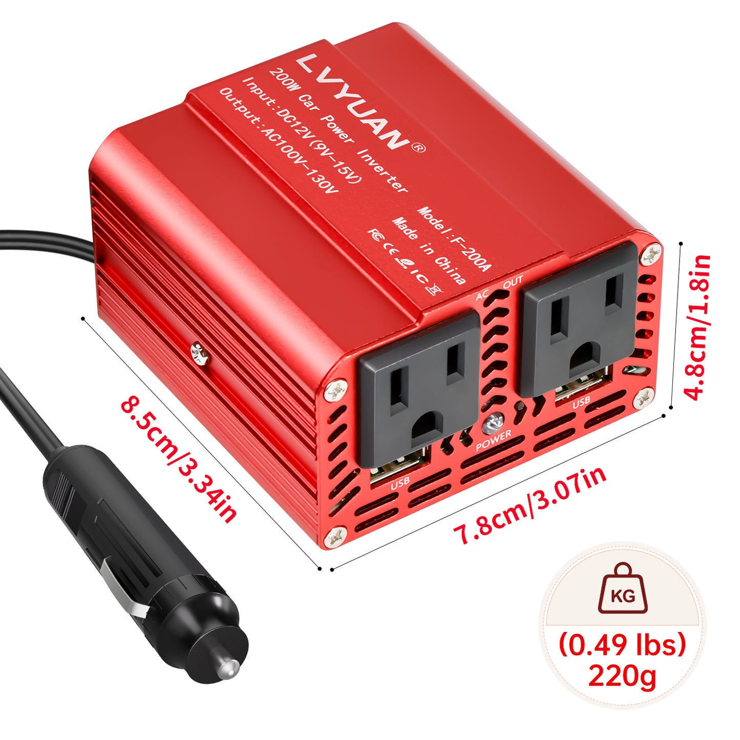 LVYUAN 200W Modified Sine Wave Power Inverter 12V DC to 110V AC Vehicles Converter 2 AC Outlets + 2USB Charger Car Plug Adapter for Laptop, Computer, Car, RV, Camping & Home Red