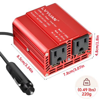 LVYUAN 200W Modified Sine Wave Power Inverter 12V DC to 110V AC Vehicles Converter 2 AC Outlets + 2USB Charger Car Plug Adapter for Laptop, Computer, Car, RV, Camping & Home Red
