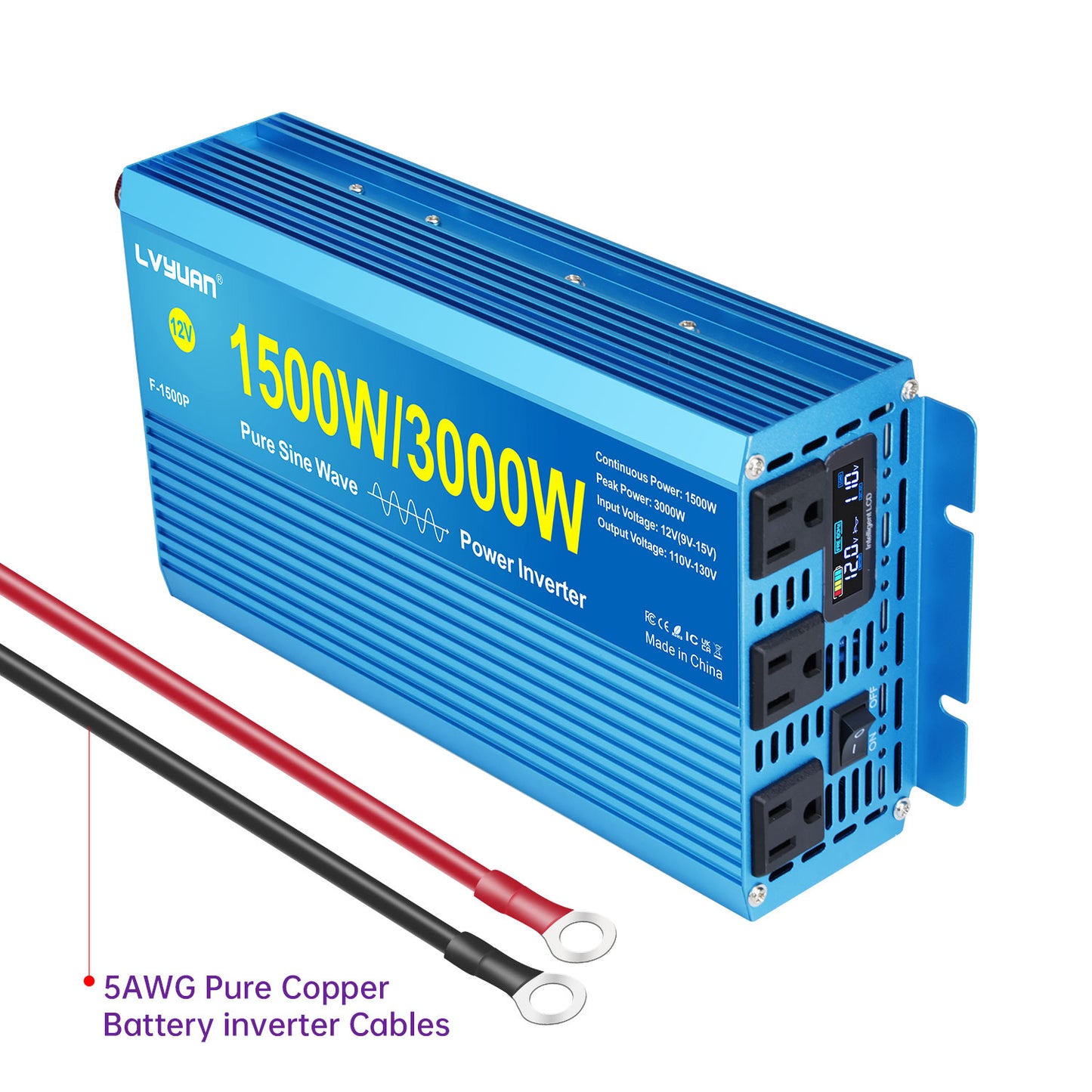 LVYUAN 1500W 3000W Peak Power Inverter DC 12V to AC 110V Pure Sine Wave Car Battery Inverter 3 AC Outlets Charger Adapter LCD Display for Car, RV, Truck, Camping, Home Backup, Emergency Power