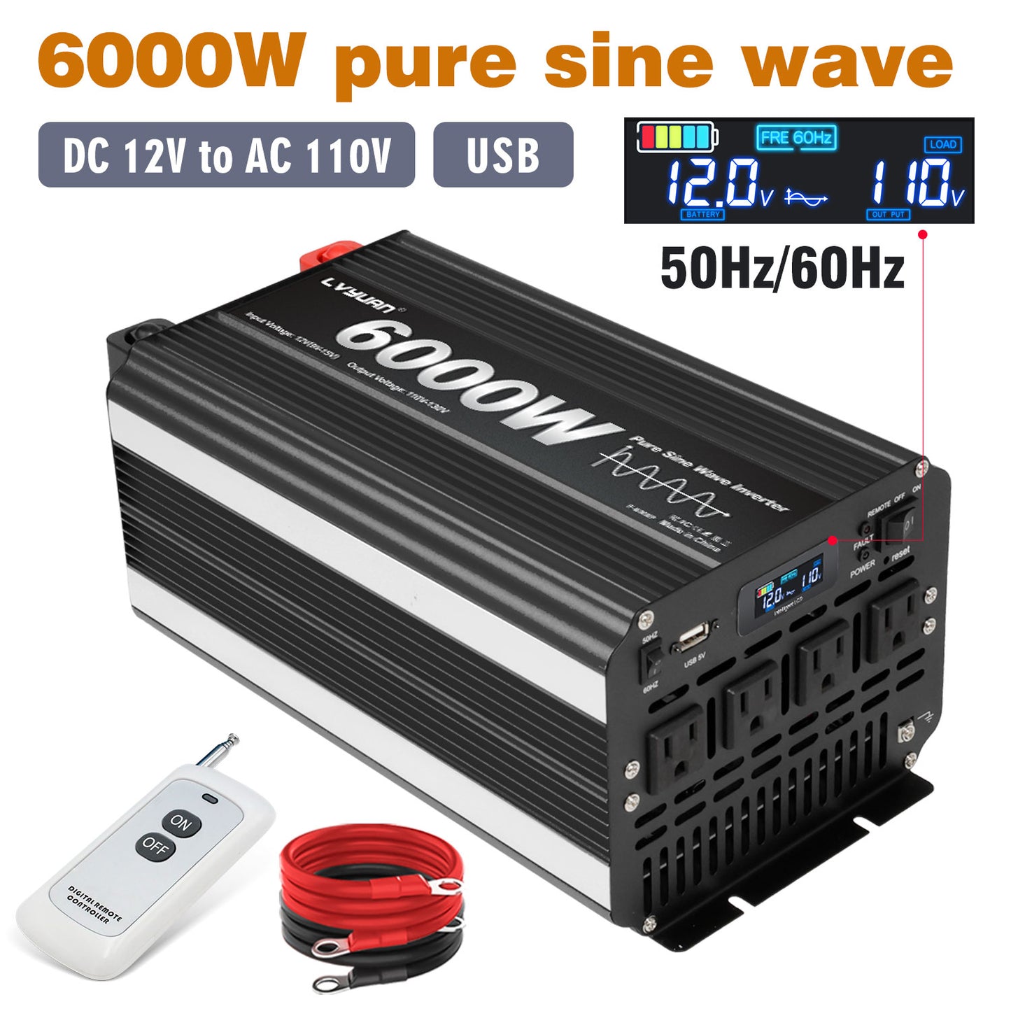 LVYUAN 3000W 6000W Peak Pure Sine Wave Power Inverter 12V DC to 110V AC Converter, 60Hz/50Hz, 4 AC Outlets + USB, LCD Display, Remote Control for Car, RV, Camping & Home Backup Black