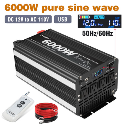 LVYUAN 3000W 6000W Peak Pure Sine Wave Power Inverter 12V DC to 110V AC Converter, 60Hz/50Hz, 4 AC Outlets + USB, LCD Display, Remote Control for Car, RV, Camping & Home Backup Black