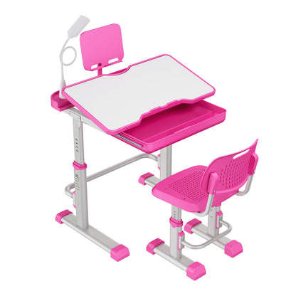 LVYUAN Kids Study Desk and Chair Set Height Adjustable Children School Study Drawing Desk Chair with LED Lamp, Tilt Desktop, Storage Drawer, Book Stand Pink