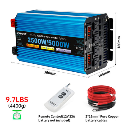 LVYUAN 2500W 5000W Peak Pure Sine Wave Power Inverter 24V DC to 110V AC Converter, 60Hz/50Hz, 4 AC Outlets + USB, LED Display, Remote Control for Car, RV, Camping & Home Backup