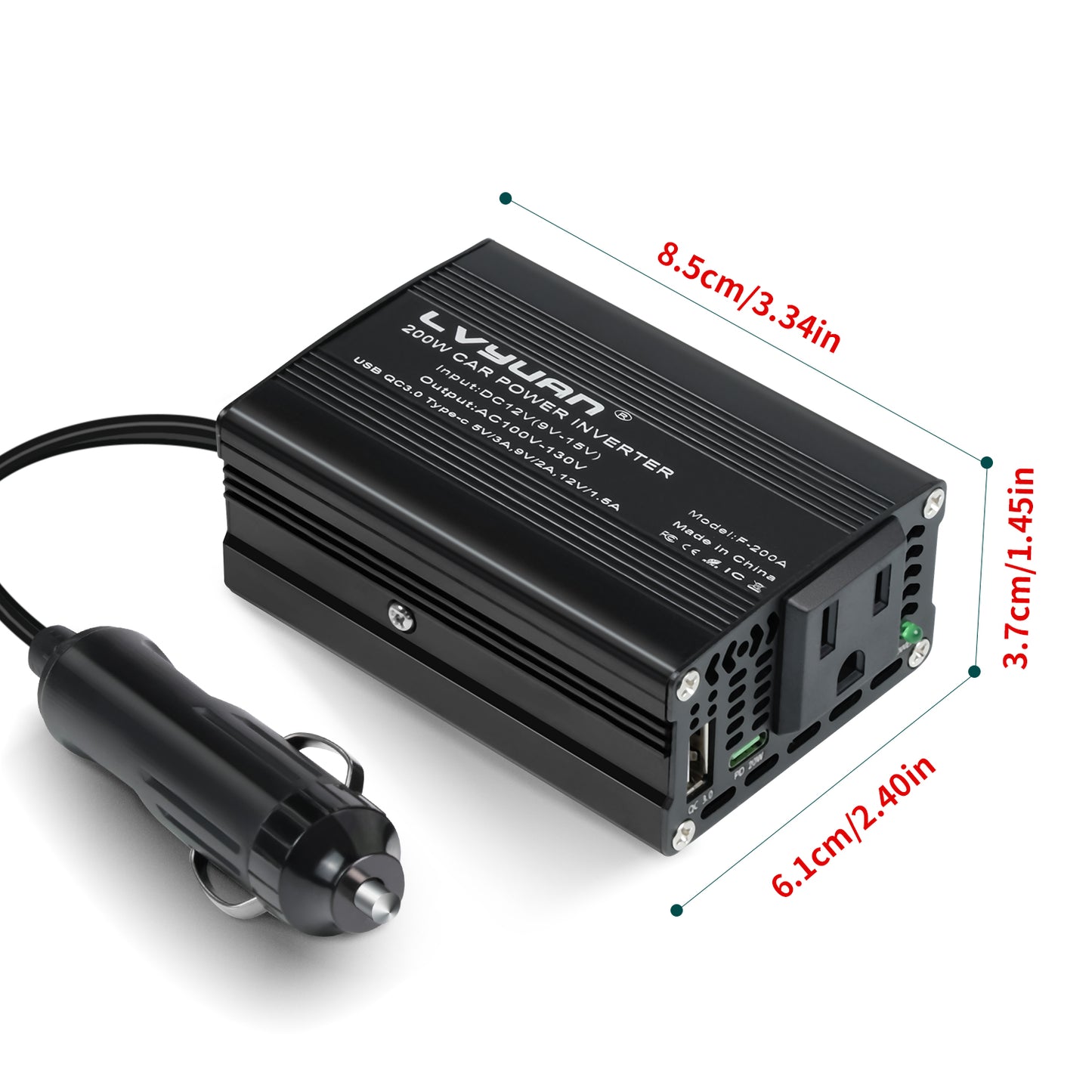 LVYUAN 200W Modified Sine Wave Car Power Inverter, DC 12V to AC 110V Converter with 20W PD USB-C & AC & 3.0 USB Adapter for Vehicles