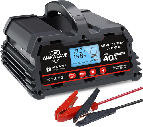 AMPWEAVE 40A Smart Battery Charger for 12V/24V Lead-Acid and 12V LiFePO₄ Batteries
