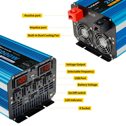 LVYUAN 2500W 5000W Peak Pure Sine Wave Power Inverter 12V DC to 110V AC Converter, 60Hz/50Hz, 4 AC Outlets + USB, LED Display, Remote Control for Car, RV, Camping & Home Backup