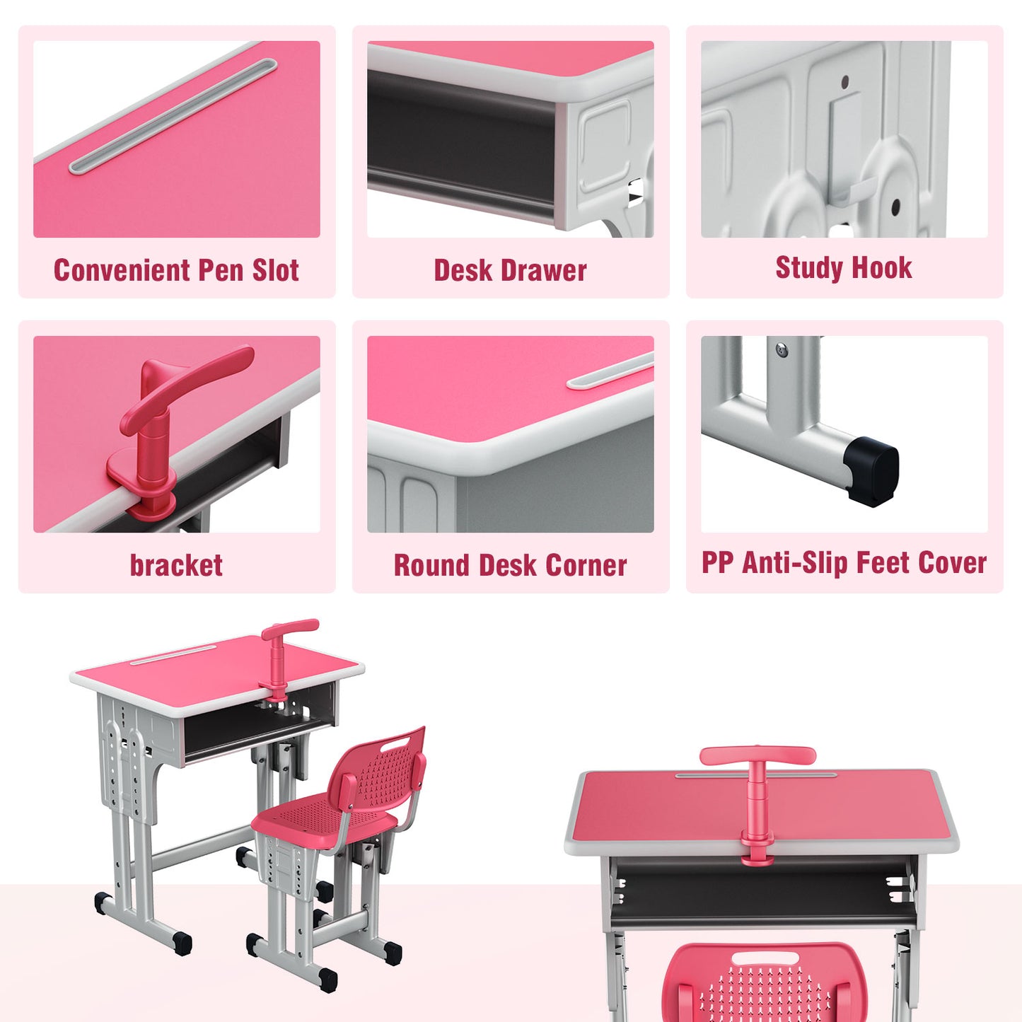 Kids Study Desk and Chair Set, LVYUAN Height Adjustable Children School Study Drawing Desk, Ergonomic Kids Table Desk and Chair Set with Storage Drawer, Hook, Bracket, Pen Slot for Ages 3-18 Pink