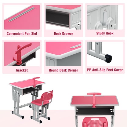 Kids Study Desk and Chair Set, LVYUAN Height Adjustable Children School Study Drawing Desk, Ergonomic Kids Table Desk and Chair Set with Storage Drawer, Hook, Bracket, Pen Slot for Ages 3-18 Pink
