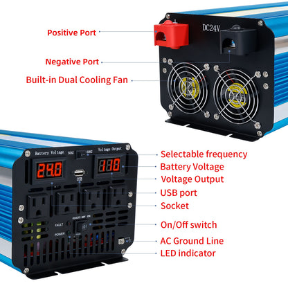 LVYUAN 4000W 8000W Peak Pure Sine Wave Power Inverter 24V DC to 110V AC Converter, 60Hz/50Hz, 4 AC Outlets + USB, LED Display, Remote Control for Car, RV, Camping & Home Backup