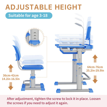 LVYUAN Kids Study Desk and Chair Set Height Adjustable Children School Study Drawing Desk Chair with LED Lamp, Tilt Desktop, Storage Drawer, Book Stand Blue