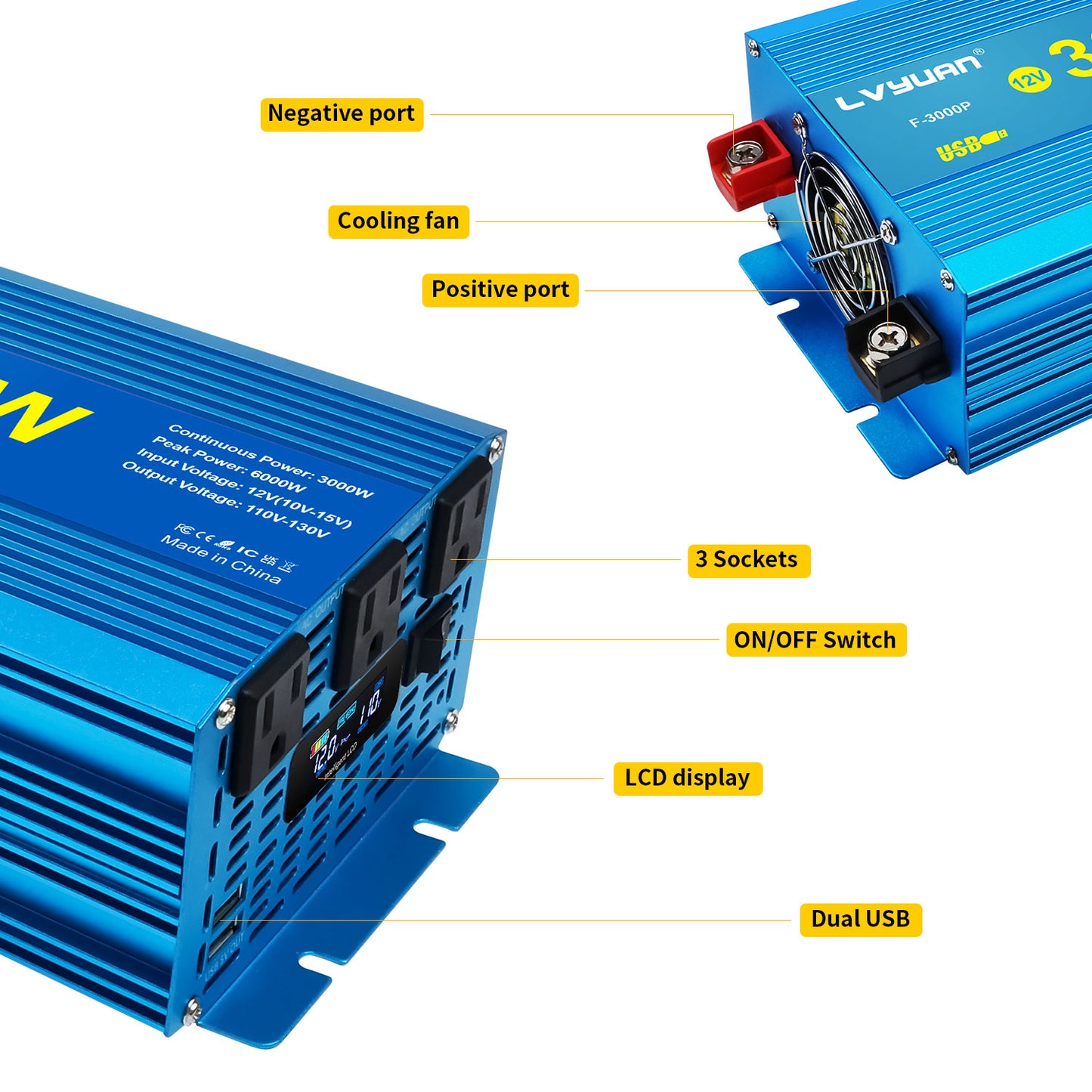 LVYUAN 3000W 6000W Peak Power Inverter DC 12V to AC 110V Pure Sine Wave Car Battery Inverter 3 AC Outlets & 2 USB Charger Adapter LCD Display for Car, RV, Truck, Camping, Home Backup, Emergency Power