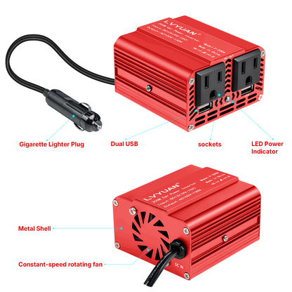LVYUAN 200W Modified Sine Wave Power Inverter 12V DC to 110V AC Vehicles Converter 2 AC Outlets + 2USB Charger Car Plug Adapter for Laptop, Computer, Car, RV, Camping & Home Red