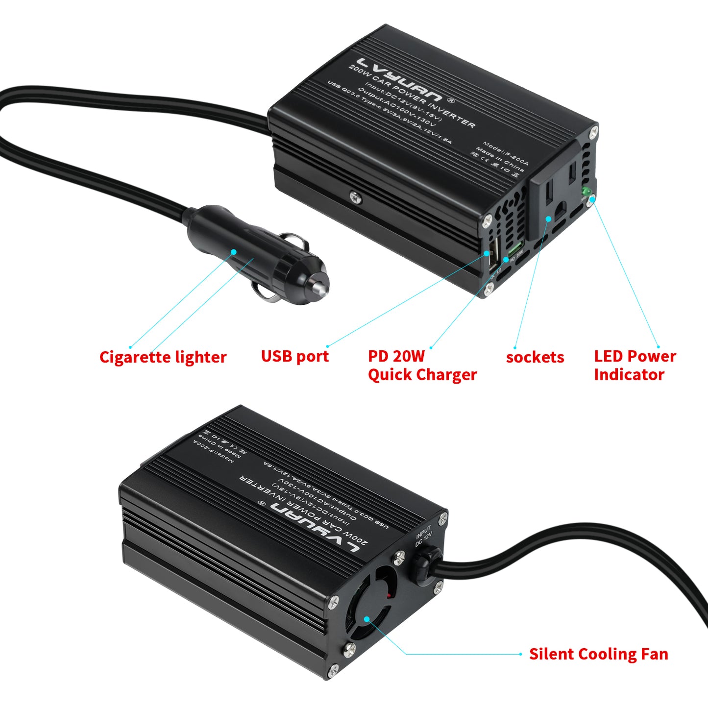 LVYUAN 200W Modified Sine Wave Car Power Inverter, DC 12V to AC 110V Converter with 20W PD USB-C & AC & 3.0 USB Adapter for Vehicles