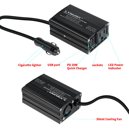 LVYUAN 200W Modified Sine Wave Car Power Inverter, DC 12V to AC 110V Converter with 20W PD USB-C & AC & 3.0 USB Adapter for Vehicles