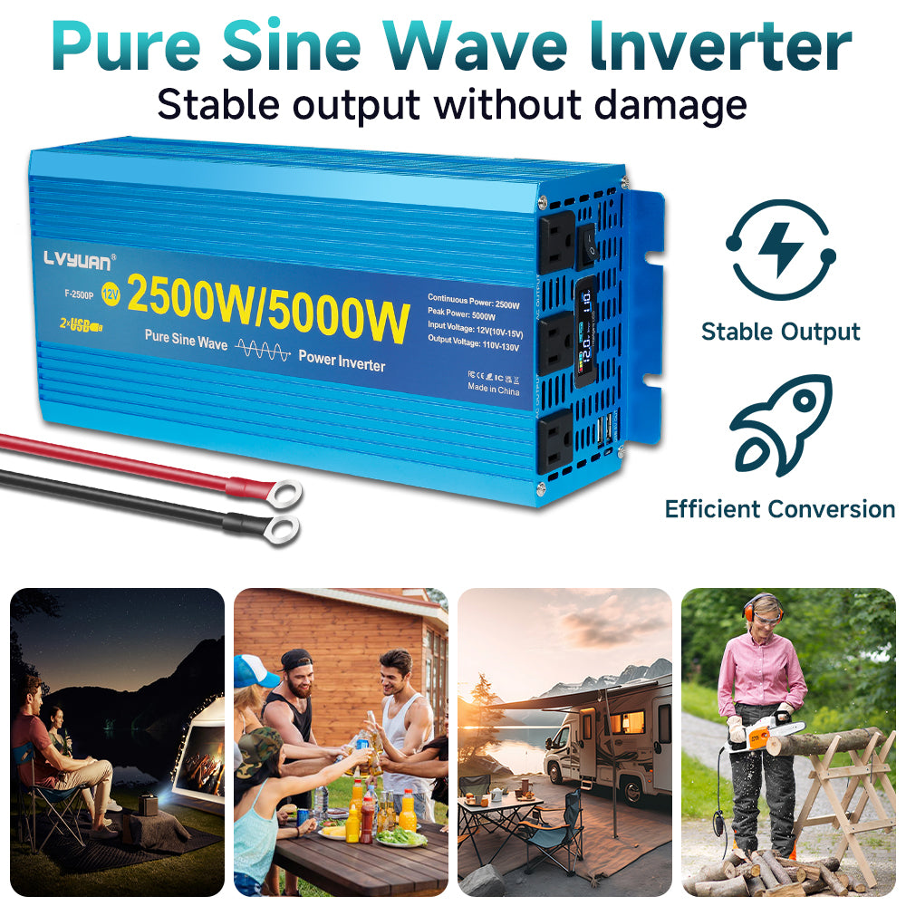 LVYUAN 2500W 5000W Peak Power Inverter DC 12V to AC 110V Pure Sine Wave Car Battery Inverter 3 AC Outlets & 2 USB Charger Adapter LCD Display for Car, RV, Truck, Camping, Home Backup, Emergency Power