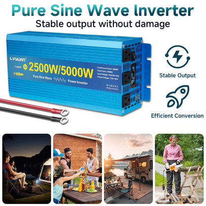 LVYUAN 2500W 5000W Peak Power Inverter DC 12V to AC 110V Pure Sine Wave Car Battery Inverter 3 AC Outlets & 2 USB Charger Adapter LCD Display for Car, RV, Truck, Camping, Home Backup, Emergency Power