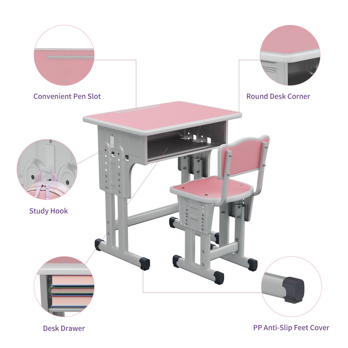 Kids Study Desk and Chair Set, LVYUAN Children School Study Drawing Desk Chair Height Adjustable Kids Table Desk and Chair Set with Storage Drawer, Hook Pink