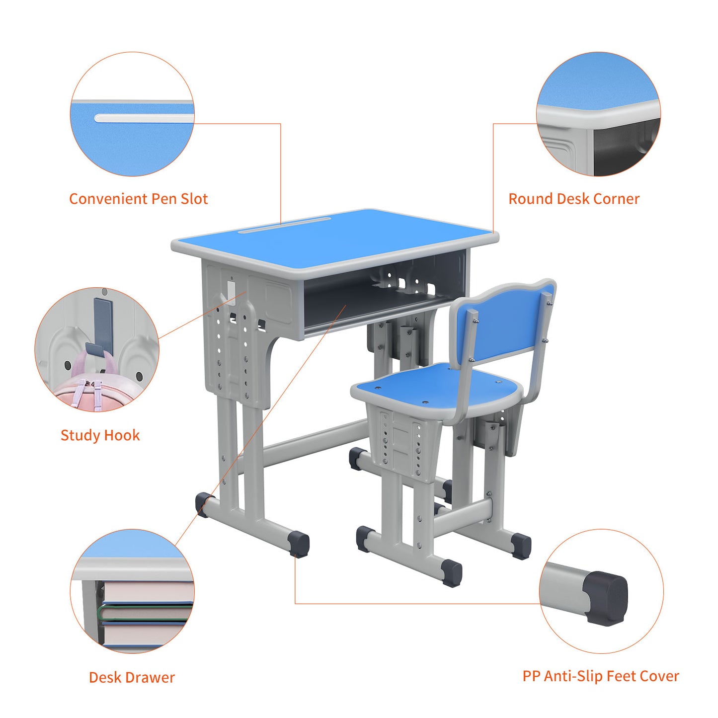 Kids Study Desk and Chair Set, LVYUAN Children School Study Drawing Desk Chair Height Adjustable Kids Table Desk and Chair Set with Storage Drawer, Hook Blue