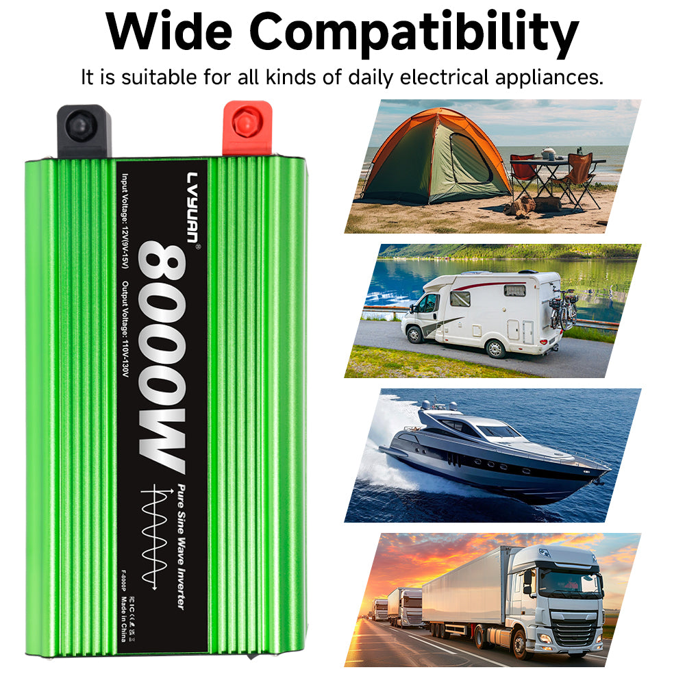 LVYUAN 4000W 8000W Peak Pure Sine Wave Power Inverter 12V DC to 110V AC Converter, 60Hz/50Hz, 4 AC Outlets + USB, LCD Display, Remote Control for Car, RV, Camping & Home Backup Green
