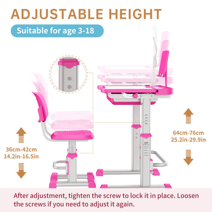 LVYUAN Kids Study Desk and Chair Set Height Adjustable Children School Study Drawing Desk Chair with LED Lamp, Tilt Desktop, Storage Drawer, Book Stand Pink