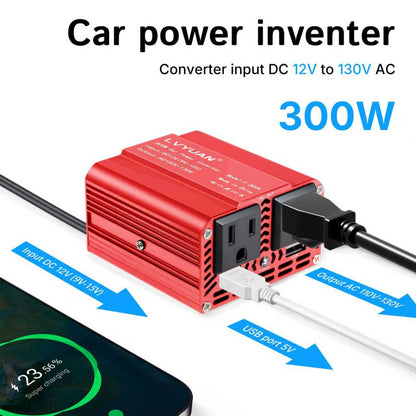 LVYUAN 300W Modified Sine Wave Power Inverter 12V DC to 110V AC Vehicles Converter 2 AC Outlets + 2USB Charger Car Plug Adapter for Laptop, Computer, Car, RV, Camping & Home Red