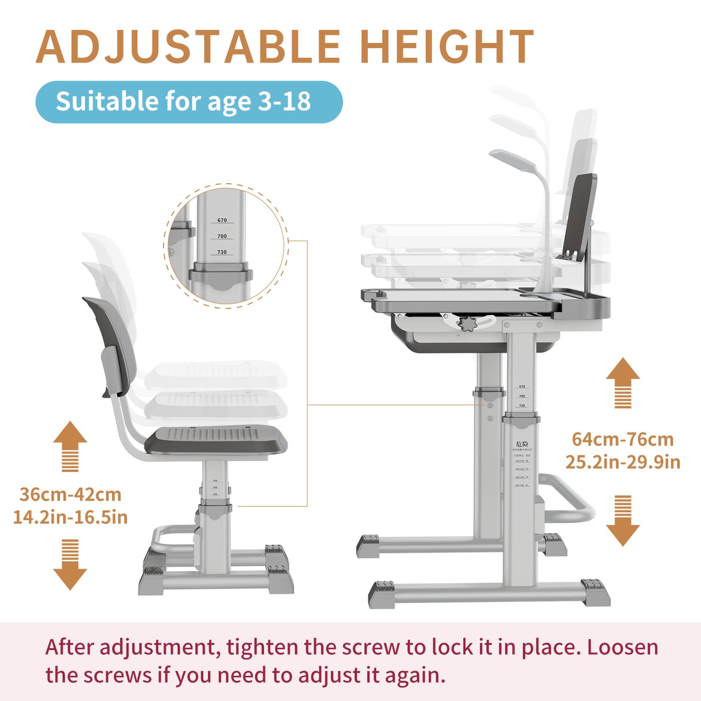 LVYUAN Kids Study Desk and Chair Set Height Adjustable Children School Study Drawing Desk Chair with LED Lamp, Tilt Desktop, Storage Drawer, Book Stand Grey