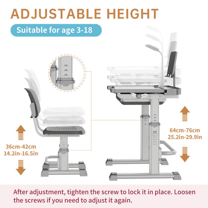 LVYUAN Kids Study Desk and Chair Set Height Adjustable Children School Study Drawing Desk Chair with LED Lamp, Tilt Desktop, Storage Drawer, Book Stand Grey